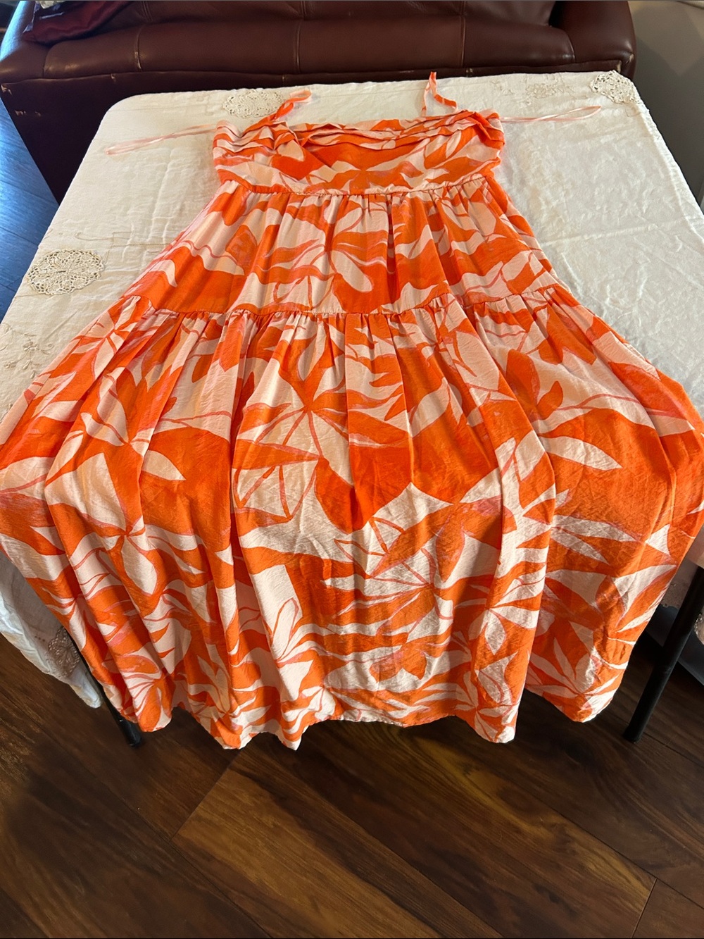 Tropical Orange & White Tiered Maxi Dress elastic back sz L